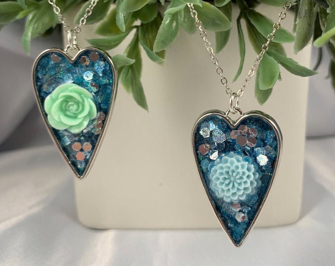 Glitter Floral Resin Heart Necklace