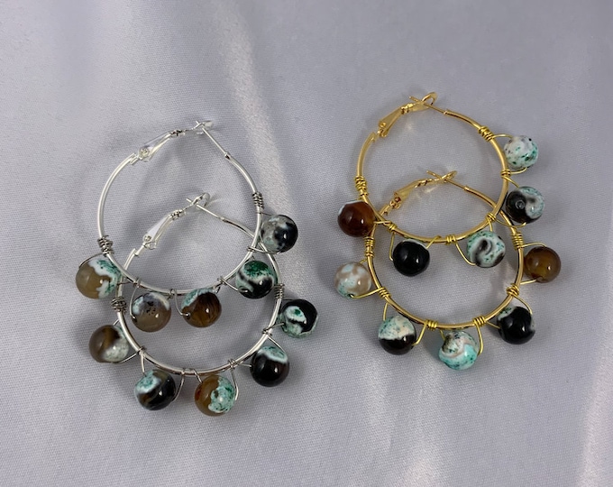 Ocean Agate Stone Silver or Gold Hoop Earrings