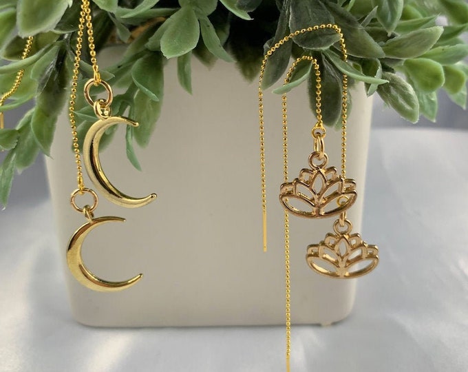 Lotus or Moon Gold Threader Earrings