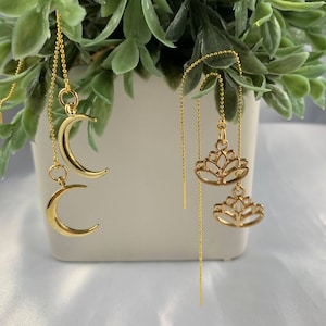 Lotus or Moon Gold Threader Earrings, Gold Earrings, Threader Earrings, Gold Threader Earrings, Earrings under 25, Gifts for her, Moon,Lotus