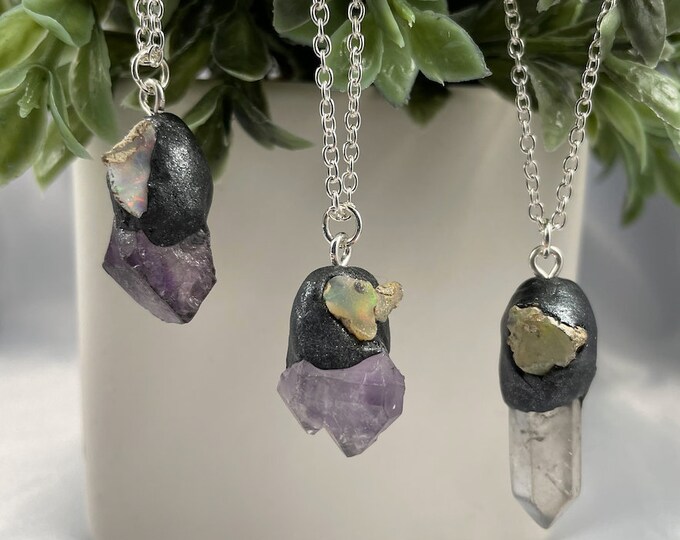 Welo Opal & Amethyst or Clear Quartz Crystal Necklace