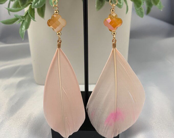 Pink Faux Feather & Crystal Dangle Earrings