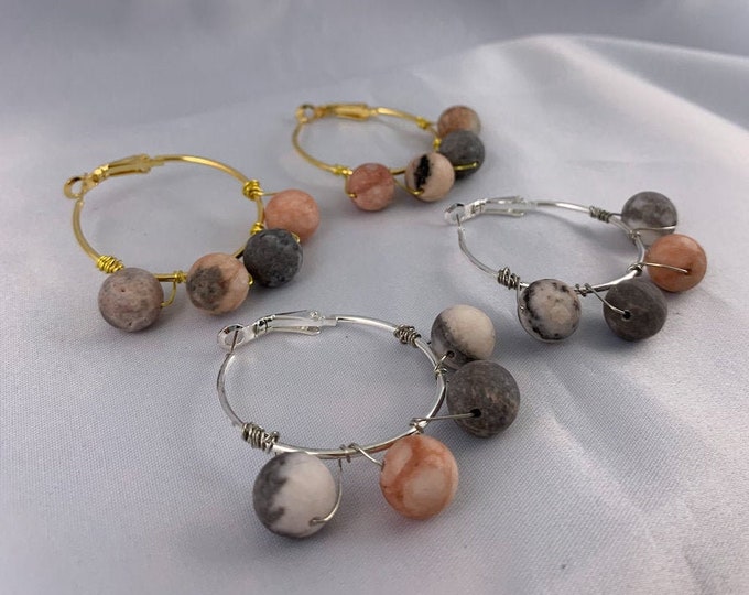 Pink Zebra Jasper Silver or Gold Hoop Earrings