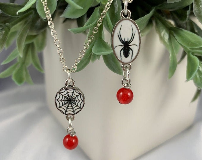 Spider or Spiderweb & Red Jade Crystal Necklace