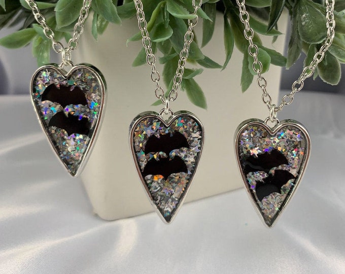 Bat & Glitter Heart Pendant Necklace