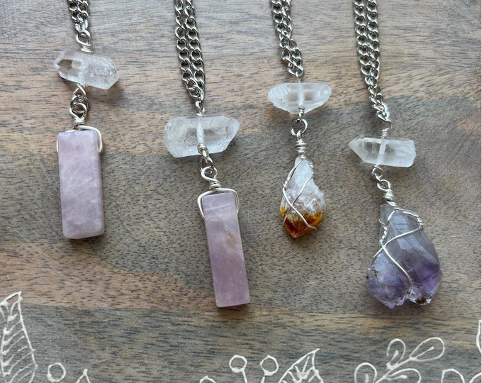 Clear Quartz and Assorted Crystal Silver Necklaces