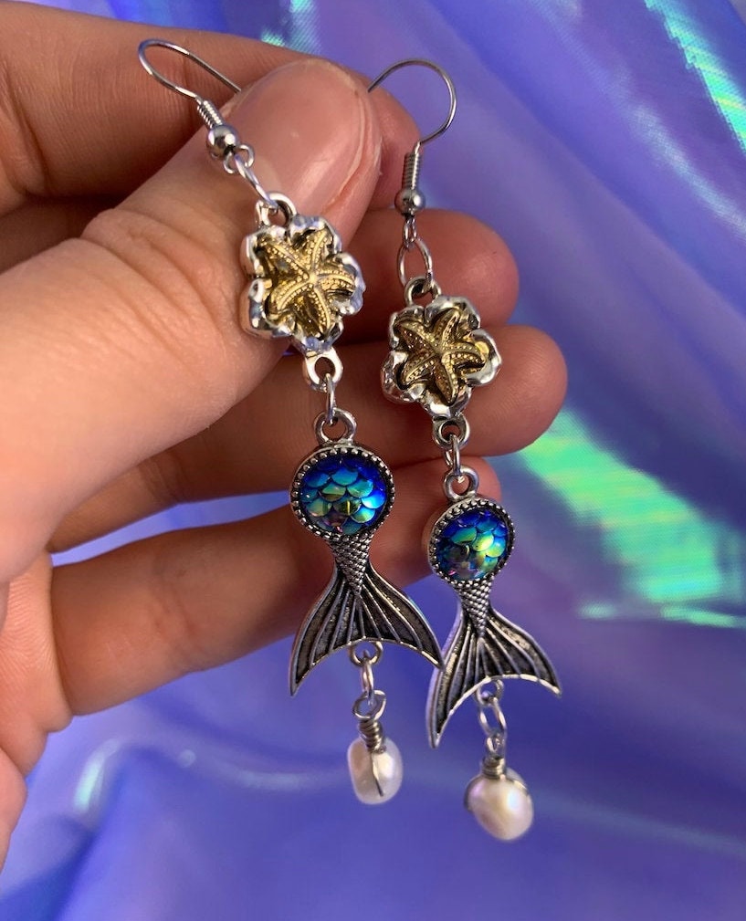 Freshwater Pearl & Mermaid Tail Earrings