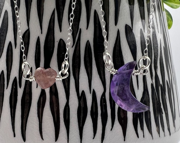 Amethyst Moon and Strawberry Quartz Heart Sterling Silver Necklaces