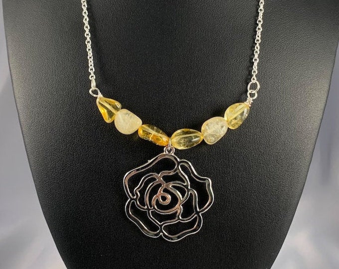 Silver Rose & Citrine Stone Necklace