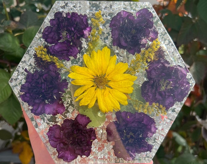 Carnations & Daisy w/ Silver Flakes Large Hexagon 3D Resin Block with LED Lights