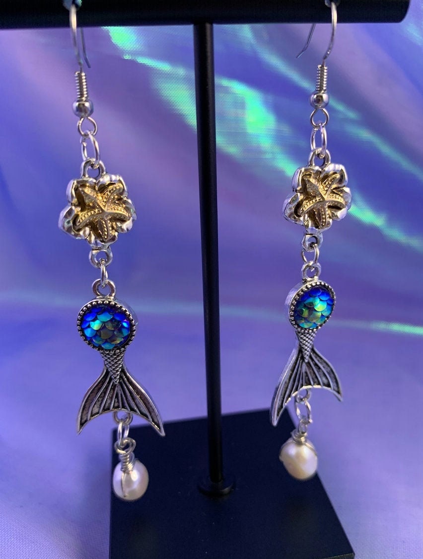Freshwater Pearl & Mermaid Tail Earrings
