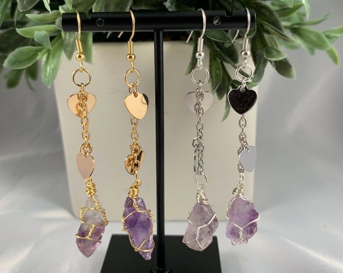 Amethyst Crystal Heart Dangle Earrings