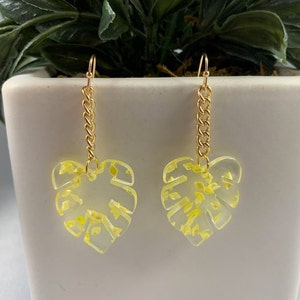 Yellow & Clear Acrylic Monstera Leaf Dangle Earrings, Gold Earrings, Leaf Earrings, Gifts for her, Earrings under 25, Statement Earrings