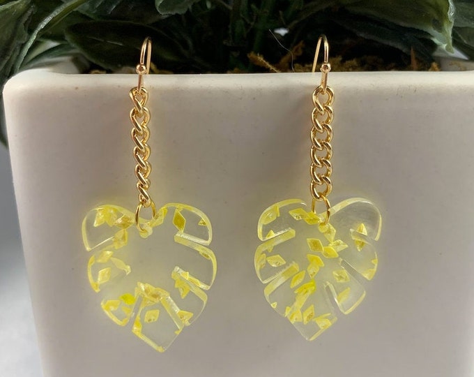 Yellow & Clear Acrylic Monstera Leaf Dangle Earrings