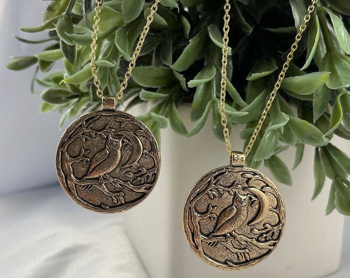 Owl & Moon Gold Pendant Necklace
