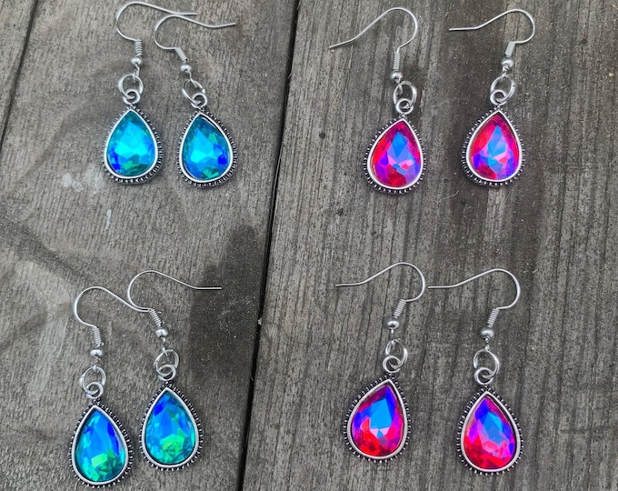 Blue or Pink Crystal Teardrop Crystal Earring