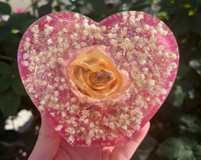 Pink Rose & Babys Breath Small Heart 3D Resin Block with LED Lights