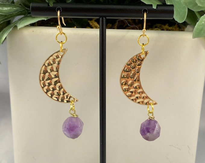 Gold Moon & Amethyst Dangle Earrings