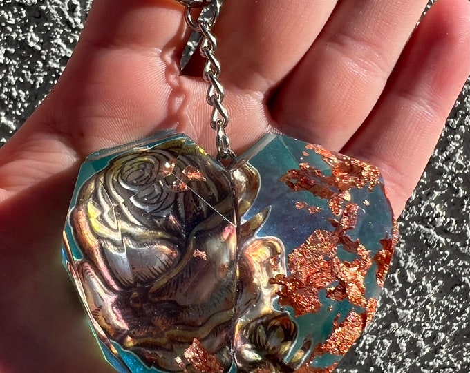 Rose & Copper Flakes Blue Resin Heart Keychain / Purse Charm