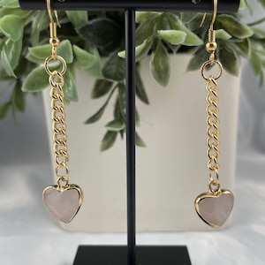 Rose Quartz Crystal Heart Dangle Earrings, Rose Quartz, Rose Quartz Jewelry, Rose Quartz Crystal,Crystal Heart,Dangle Earrings,Gold Earrings