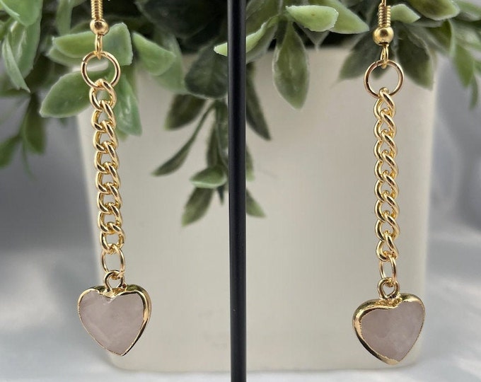 Rose Quartz Crystal Heart Dangle Earrings