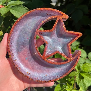Purple and Orange Sparkle Moon & Star Resin Jewelry Dish / Trinket Tray, Jewelry Dish, Moon, Stars, Trinket Tray, Resin Art, Home Decoration