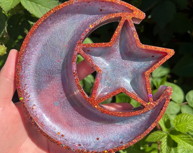 Purple and Orange Sparkle Moon & Star Resin Jewelry Dish / Trinket Tray