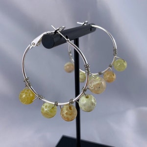 Yellow Fire Agate Stone Silver Hoop Earrings, Agate Stone, Statement Hoops, Earrings under 30, Presents for Her, Silver Hoop Earrings