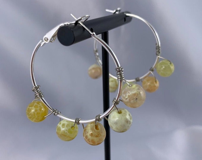 Yellow Fire Agate Stone Silver Hoop Earrings