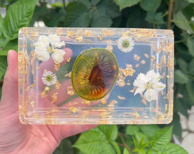 Kiwi & Flowers Gold Foil Resin Trinket / Jewelry Box