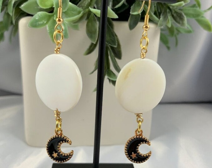 White Shell & Black Moon Dangle Earrings