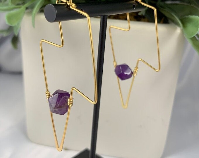 Amethyst Lightning Bolt Gold Earrings