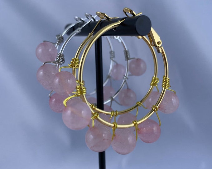 Rose Quartz Stone Silver or Gold Hoop Earrings