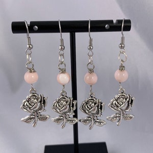 Rose & Pink Mother of Pearl Dangle Earrings, Flower Jewelry, Flower Earrings, Earrings under 20, Rose Earrings,Gifts for her,Handmade,Silver