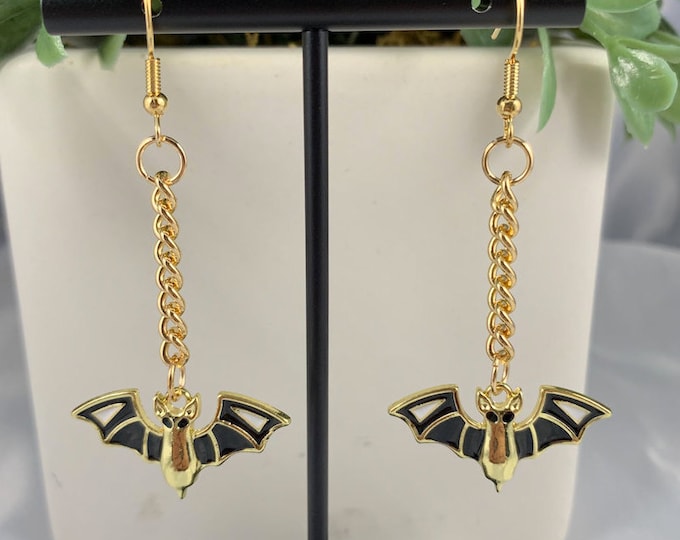 Spooky Bat Gold Dangle Earrings