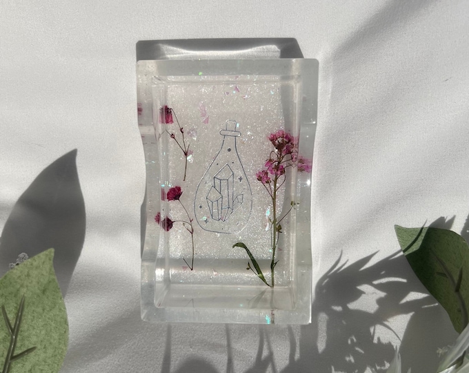 Crystal Potion Jar and Flowers Resin Business Card Holder