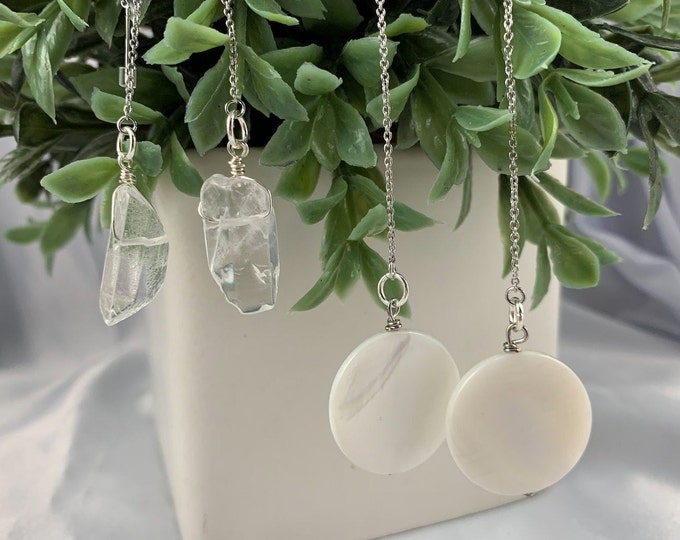 White Shell or Clear Quartz Silver Threader Earrings