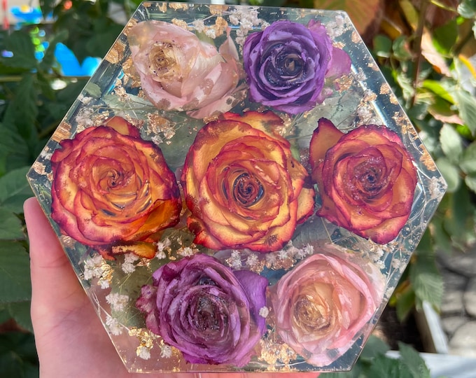 Multicolor Roses & Gold Flakes Large Hexagon 3D Resin Block with LED Lights