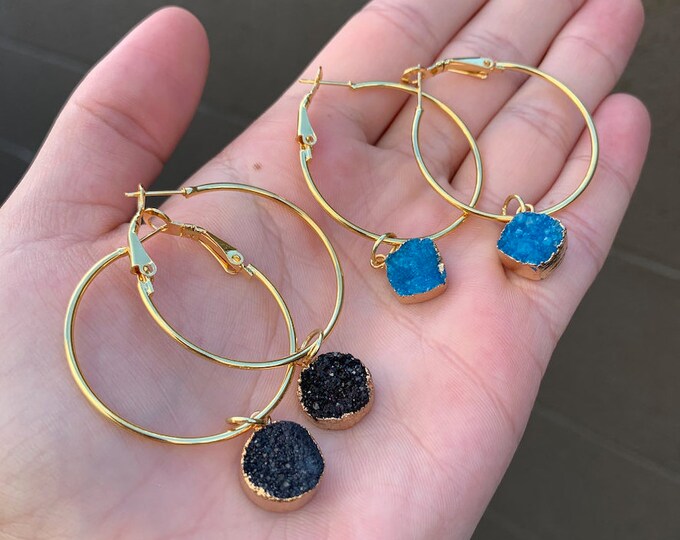 Druzy Crystal Gold Plated Hoop Earrings