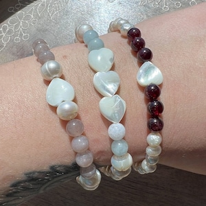 Freshwater Pearl and Heart Shell Sterling Silver Bracelet, Garnet, Aquamarine, Sunstone, Crystal Bracelet,Crystal Jewelry, Sterling Silver