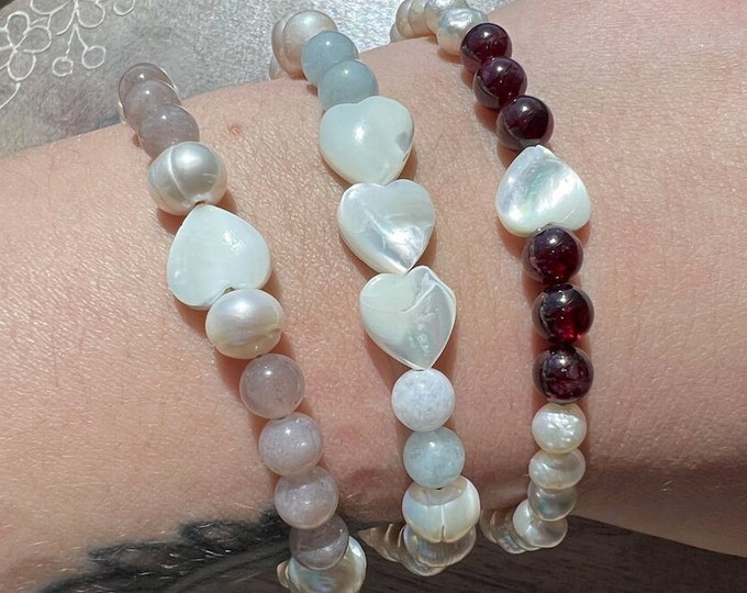 Freshwater Pearl and Heart Shell Sterling Silver Bracelet