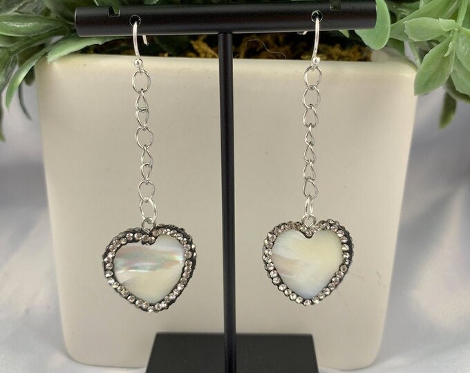 Heart Shell & Rhinestone Dangle Earrings