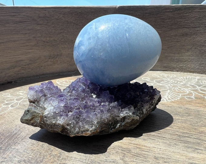 Blue Celestite Egg & Amethyst Crystal Set