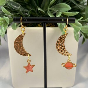 Moon & Solar System Dangle Earrings, Dangle Earrings, Saturn, Stars and Celestial, Gold Earrings, Moon Earrings, Gifts for her,Star Earrings