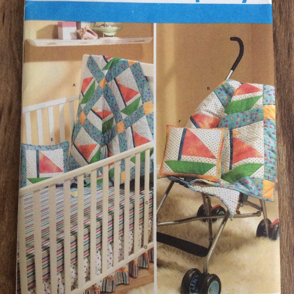 UNCUT Simplicity Sewing Pattern 3844 Baby Nursery Sailboat Crib & Stroller Blanket/Quilts, Fitted Sheet, Bedskirt, Pillow