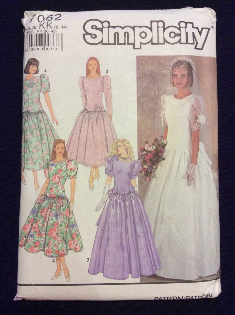 UNCUT Simplicity Sewing Pattern 7062 KK Womens WeddingParty Dress Below CalfFull Length Fitted Bodice LongShort Sleeves Sizes 8 10 12 14