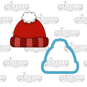 May include: A red and white striped winter hat with a white pom-pom on top. A blue outline of the hat is shown for cookie cutter use.