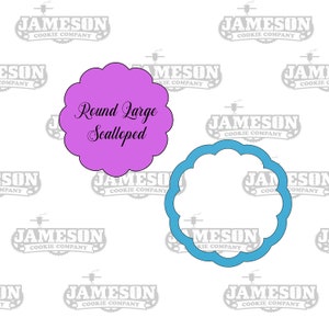 May include: A pink and blue cookie cutter set for making round, scalloped cookies. The pink cutter has the text "Round Large Scalloped" on it.