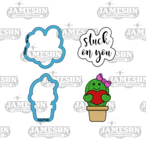Stuck On You Cookie Cutter Set - Valentine&#39;s Day - Cactus With Bow Love Heart - Text Script Cookie Cutter