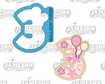 Number 3 with Balloons Cookie Cutter - Birthday Party Number Three Cookie Cutter
